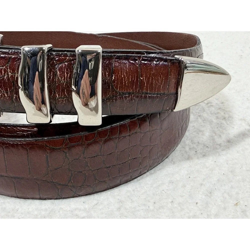 Torino Calfskin Croc Embossed Belt Brown Leather Dress Italian Quiet Luxury 46